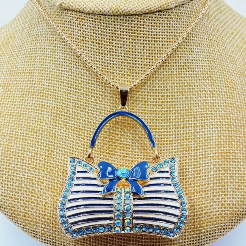 New-Blue Crystal, Bowknot,Handbag Pendant Necklace - Picture 4 of 4